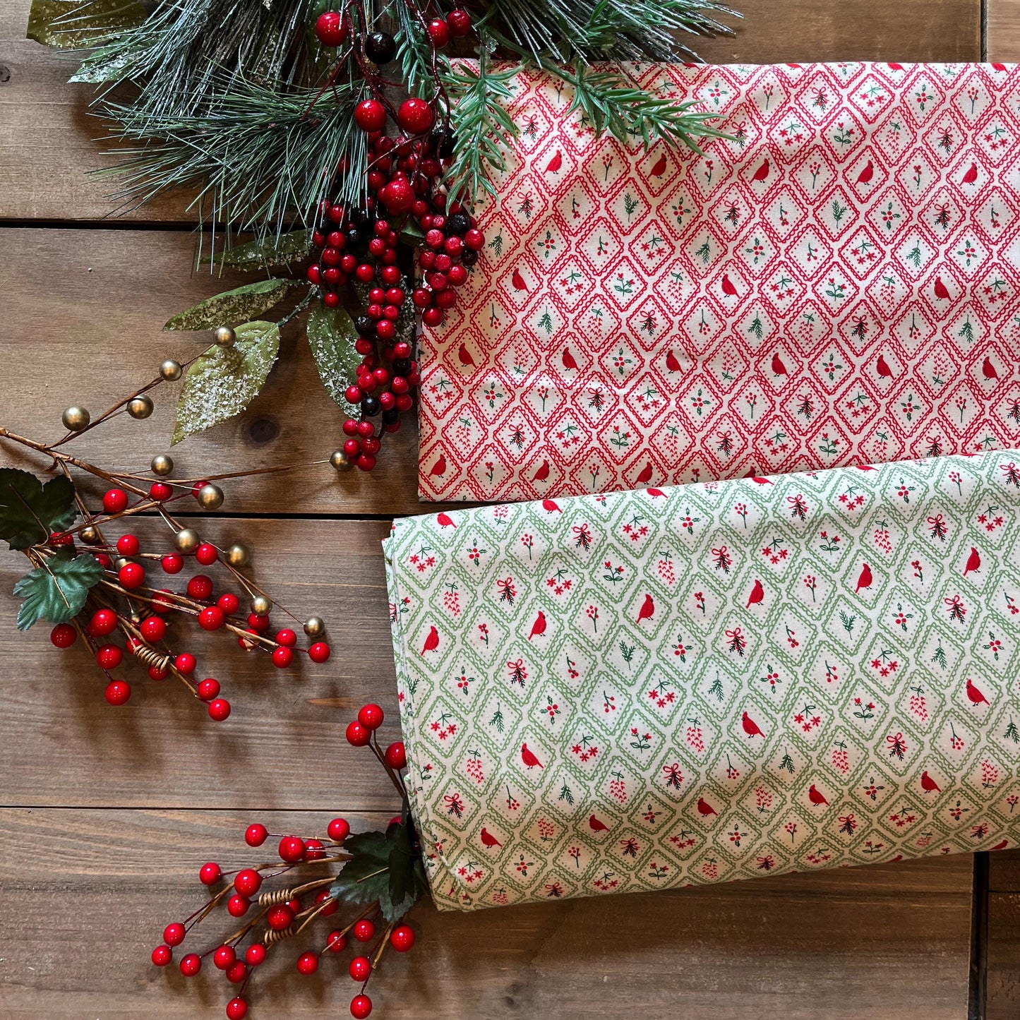 Holiday Cheer Cardinals Village Trees Poinsettia Red Vintage Christmas Fabric by Stacy Iest Hsu for Moda Cotton Quilting Fabric by the Yard