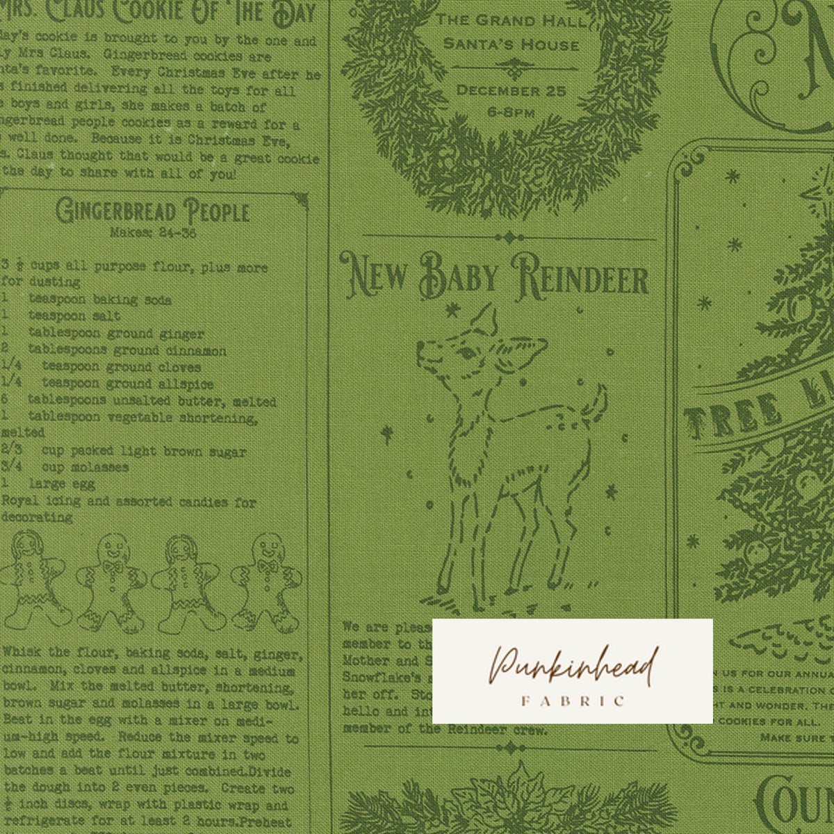Holiday Cheer North Pole Newsprint Mistletoe Green Vintage Christmas Fabric by Stacy Iest Hsu for Moda Cotton Quilting Fabric by the Yard