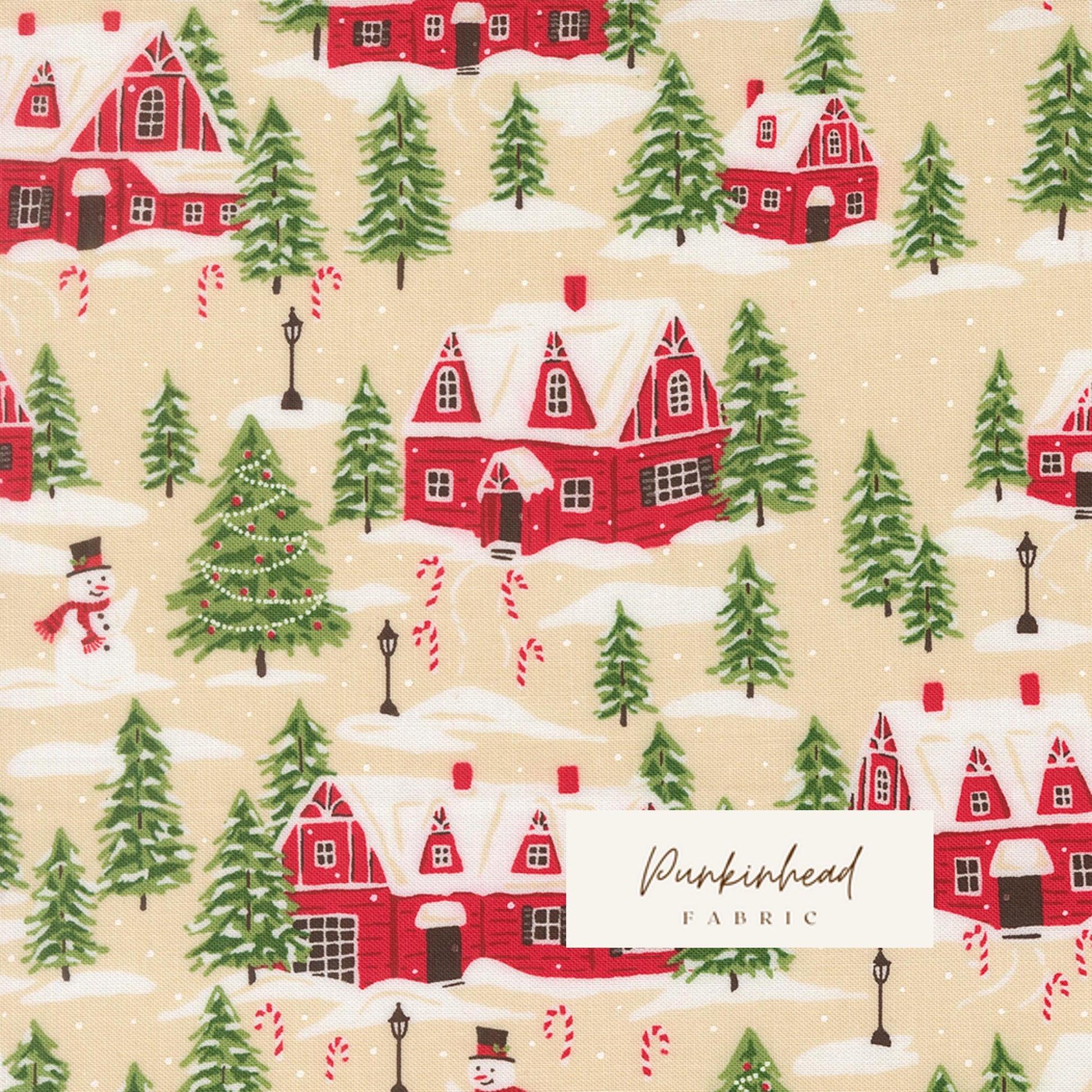 Holiday Cheer Cardinals Village Trees Natural Cream Vintage Christmas Fabric by Stacy Iest Hsu for Moda Cotton Quilting Fabric by the Yard