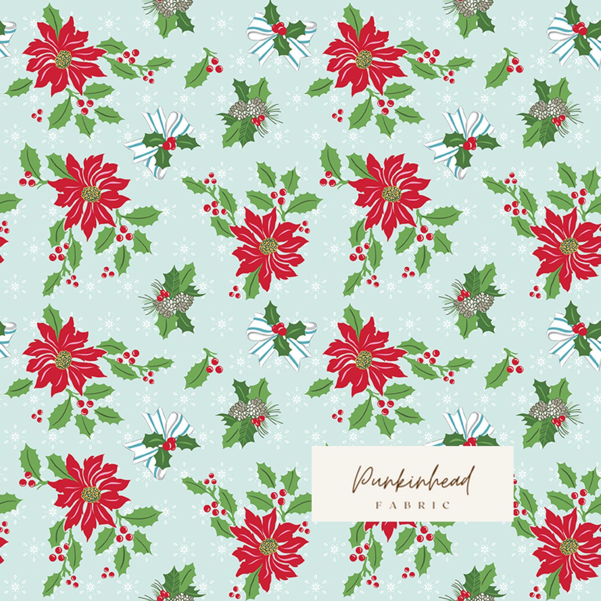 Claus & Co Retro Vintage Christmas Fabric Poinsettia Holly Blue by Melissa Mortenson for Riley Blake Cotton Quilting Fabric Yard