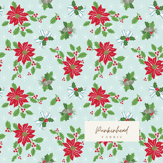 Claus & Co Retro Vintage Christmas Fabric Poinsettia Holly Blue by Melissa Mortenson for Riley Blake Cotton Quilting Fabric Yard