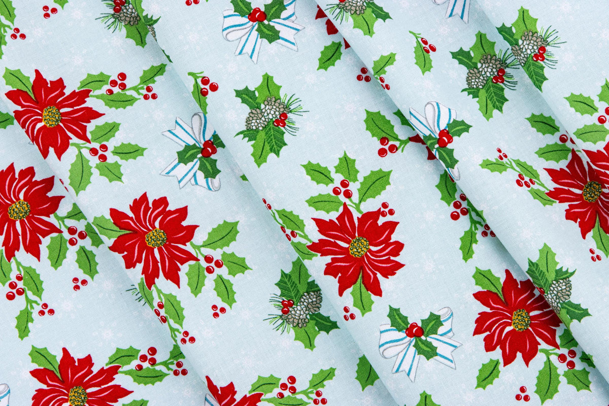 Claus & Co Retro Vintage Christmas Fabric Poinsettia Holly White by Melissa Mortenson for Riley Blake Cotton Quilting Fabric Yard