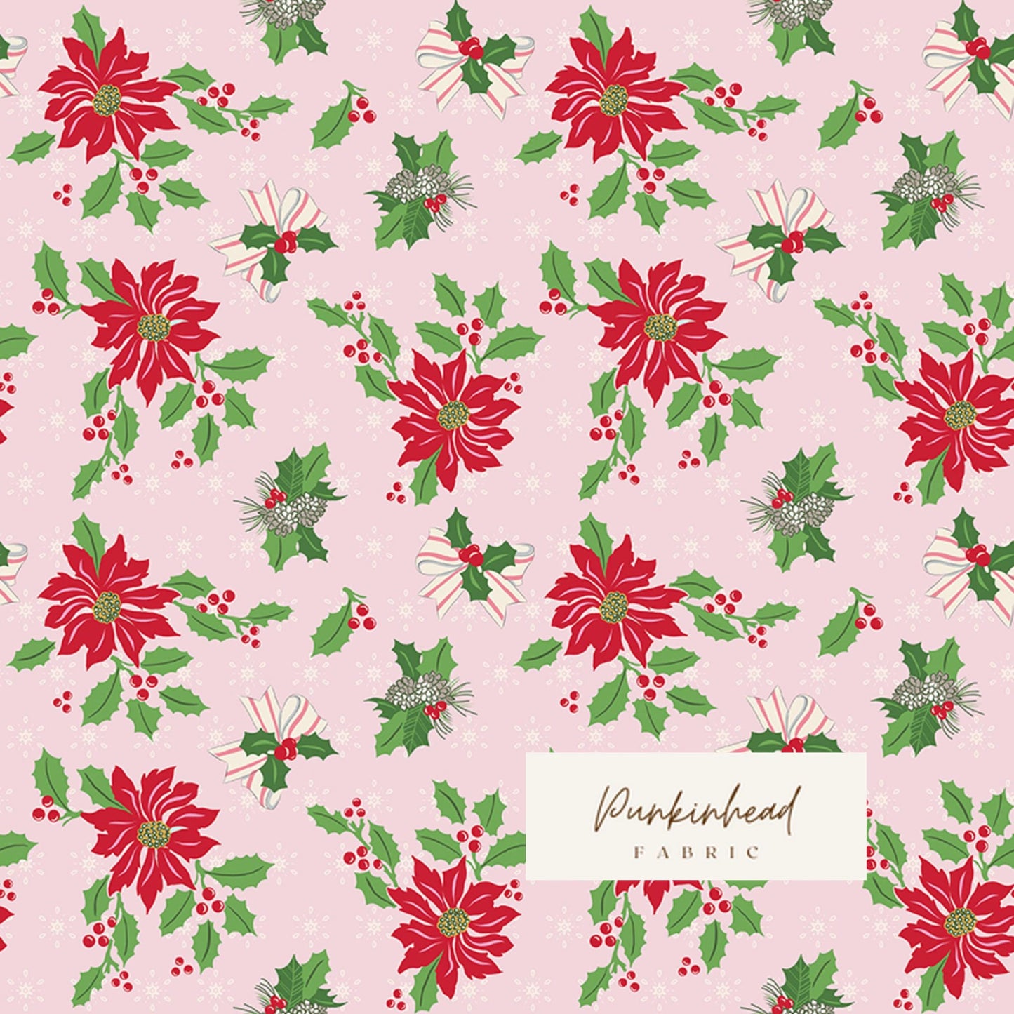 Claus & Co Retro Vintage Christmas Fabric Poinsettia Holly Pink by Melissa Mortenson for Riley Blake Cotton Quilting Fabric Yard
