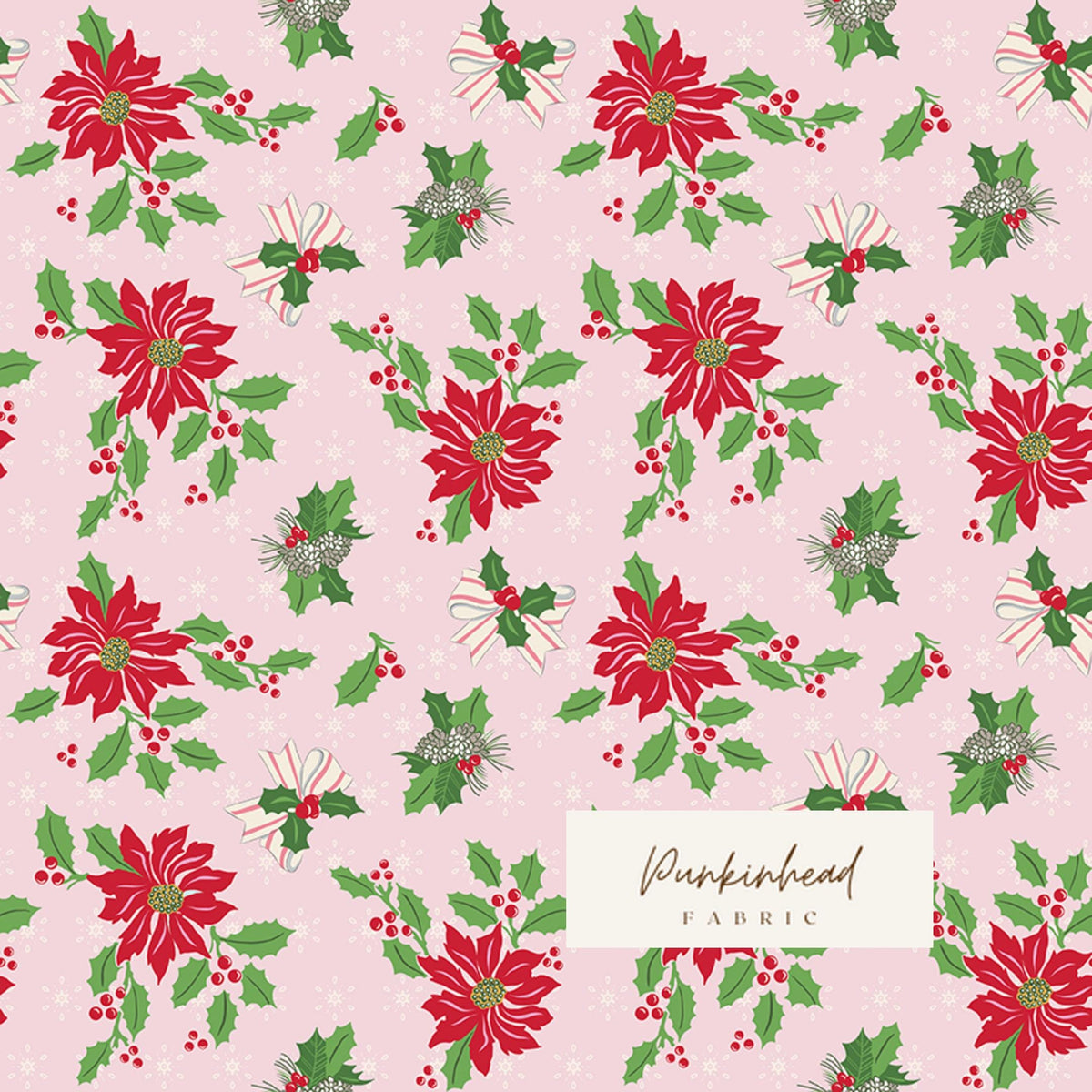 Claus & Co Retro Vintage Christmas Fabric Poinsettia Holly Pink by Melissa Mortenson for Riley Blake Cotton Quilting Fabric Yard