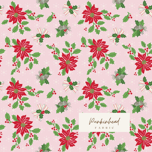 Claus & Co Retro Vintage Christmas Fabric Poinsettia Holly Pink by Melissa Mortenson for Riley Blake Cotton Quilting Fabric Yard