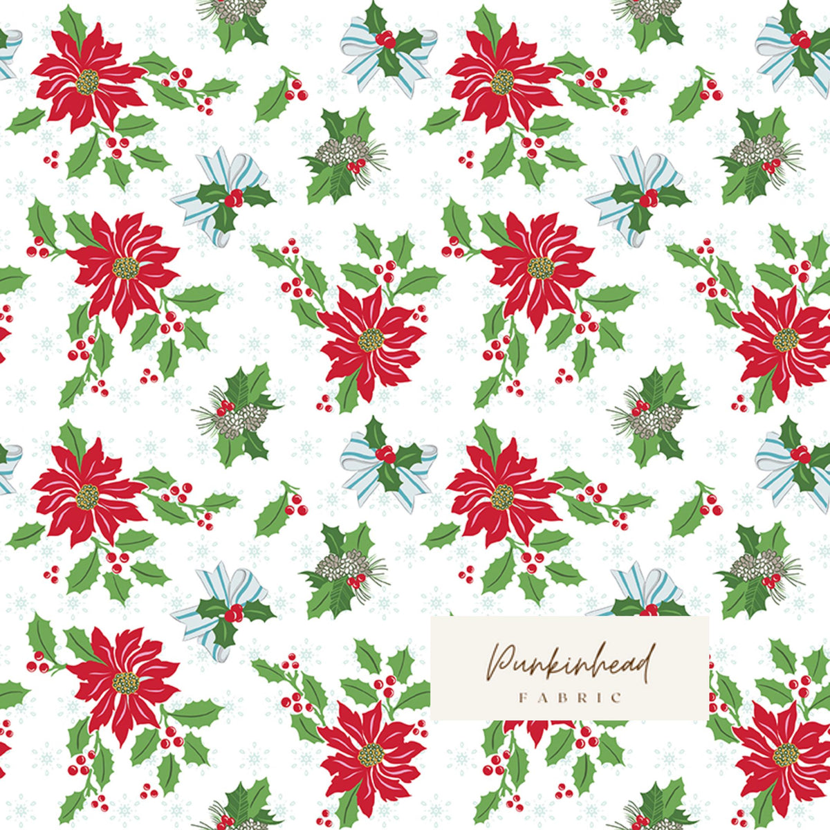 Claus & Co Retro Vintage Christmas Fabric Poinsettia Holly White by Melissa Mortenson for Riley Blake Cotton Quilting Fabric Yard