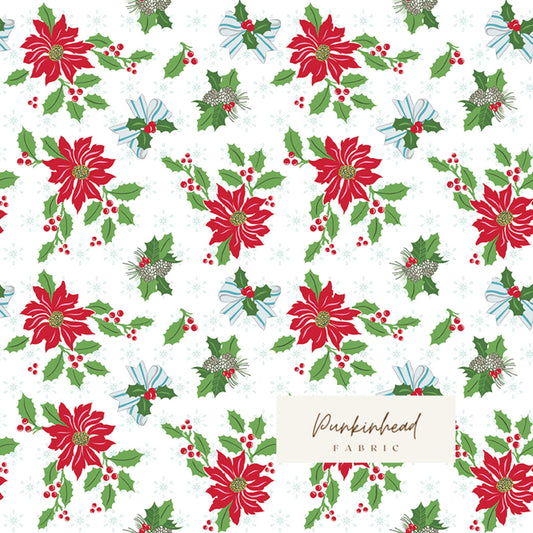 Claus & Co Retro Vintage Christmas Fabric Poinsettia Holly White by Melissa Mortenson for Riley Blake Cotton Quilting Fabric Yard