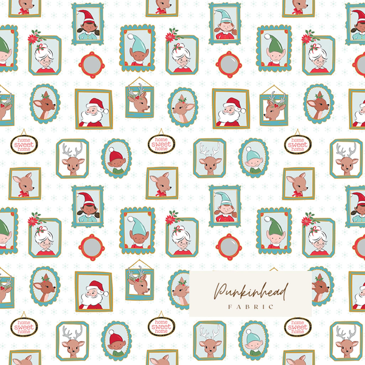 Claus & Co Retro Vintage Christmas Fabric Santa Wallpaper White Sparkle by Melissa Mortenson for Riley Blake Cotton Quilting Fabric Yard