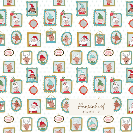 Claus & Co Retro Vintage Christmas Fabric Santa Wallpaper White Sparkle by Melissa Mortenson for Riley Blake Cotton Quilting Fabric Yard