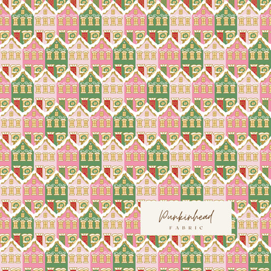 Claus & Co Retro Vintage Christmas Fabric Christmas Houses Gingerbread Pink by Melissa Mortenson for Riley Blake Cotton Quilting Fabric Yard