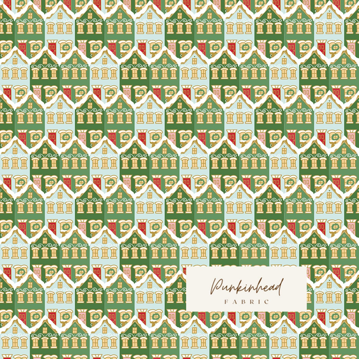 Claus & Co Retro Vintage Christmas Fabric Christmas Houses Gingerbread Green Melissa Mortenson for Riley Blake Cotton Quilting Fabric Yard
