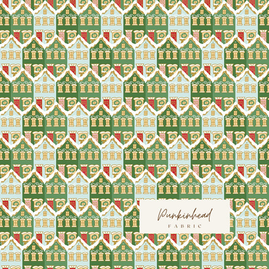 Claus & Co Retro Vintage Christmas Fabric Christmas Houses Gingerbread Green Melissa Mortenson for Riley Blake Cotton Quilting Fabric Yard