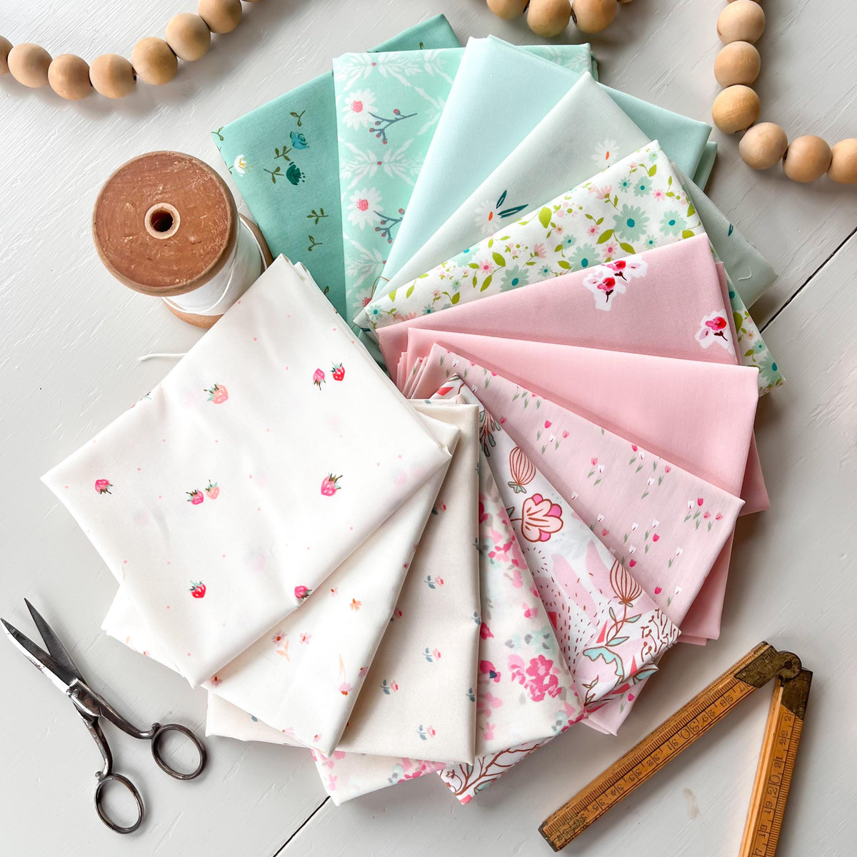 Strawberries & Mint Green Pink Aqua Fat Quarter Bundle by Art Gallery Fabrics, Cotton Quilting Fabric by the Half Yard Bundle Floral Fabric