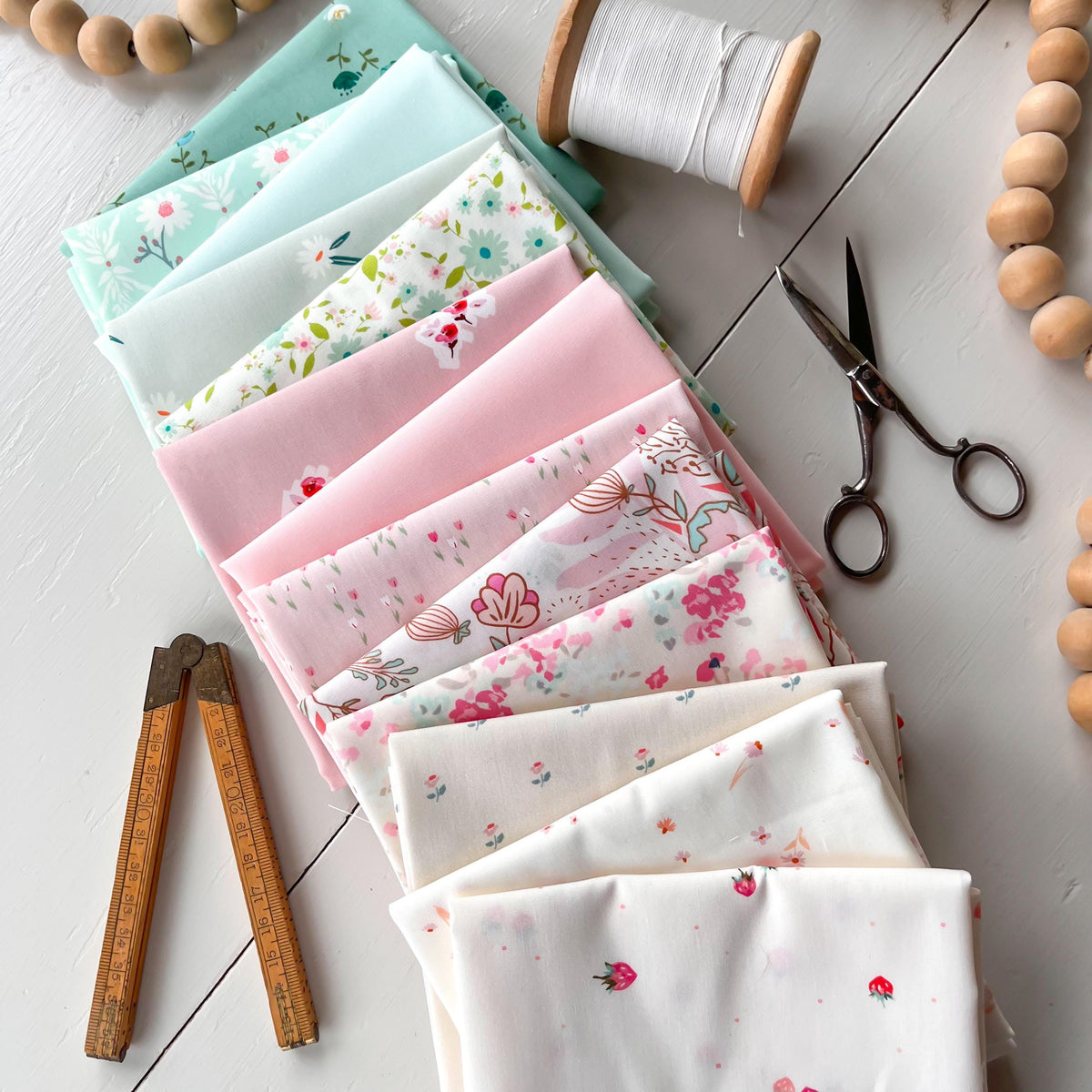 Strawberries & Mint Green Pink Aqua Fat Quarter Bundle by Art Gallery Fabrics, Cotton Quilting Fabric by the Half Yard Bundle Floral Fabric