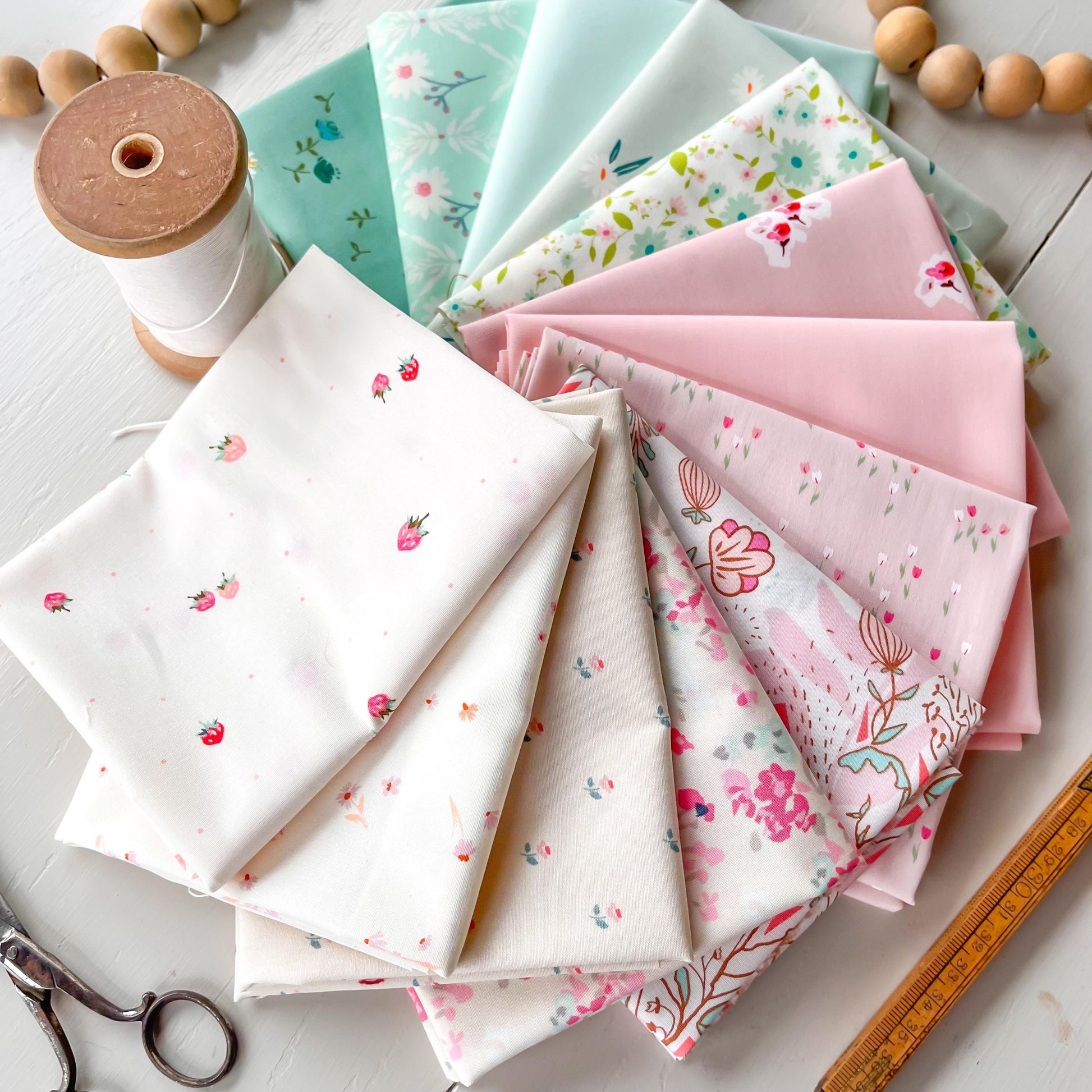 Strawberries & Mint Green Pink Aqua Fat Quarter Bundle by Art Gallery Fabrics, Cotton Quilting Fabric by the Half Yard Bundle Floral Fabric