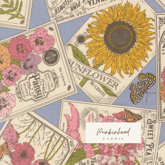 My Secret Garden Seeds of Love Floral Seed Packets Dusk Blue by Stacy Iest Hsu for Moda Cotton Quilting Fabric by the Yard