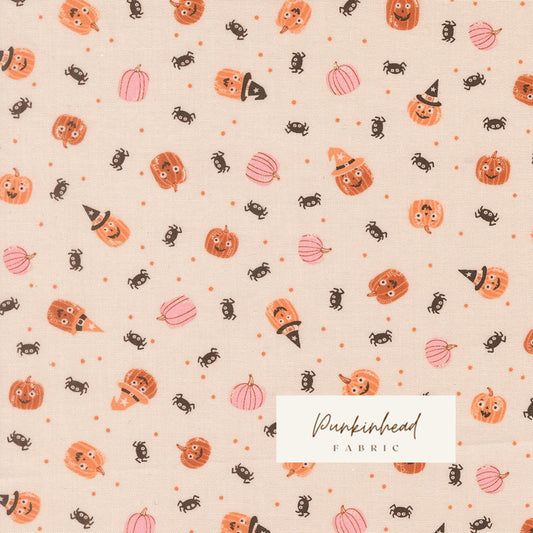 Purrs & Boos Pumpkins and Spiders Moonbeam White Cream Halloween Fall Cotton Quilting Fabric by Elena Amo for Moda