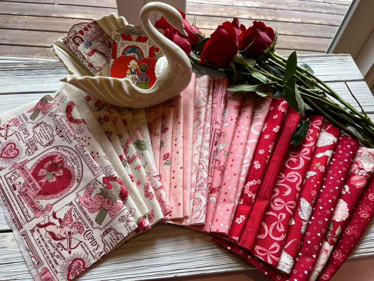 Je T'aime Roses are Tie a Bow Vintage Valentine Pink Off White Cream Fabric by Stacy Iest Hsu for Moda Cotton Quilting Fabric by the Yard
