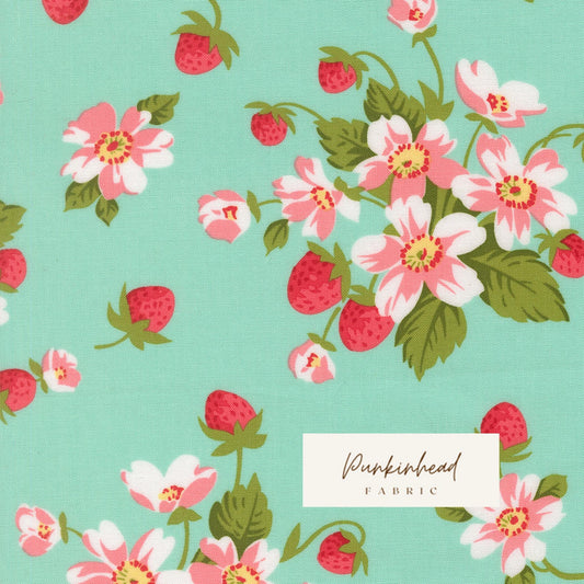 Bloomsberry In Bloom Floral Strawberries Aqua by Camille Roskelley for Moda Cotton Quilting Fabric by yard